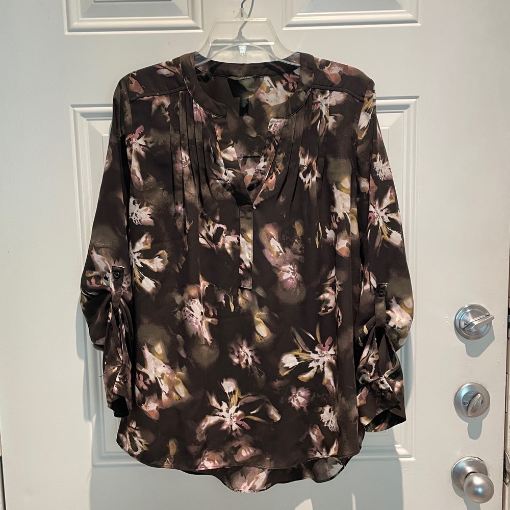 Simply Vera Vera Wang Black Brown Floral High Low Long Sleeve Top Size Medium